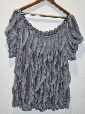 Once 1 Again Plus Metallic Grey Ruffle Blouse 2X